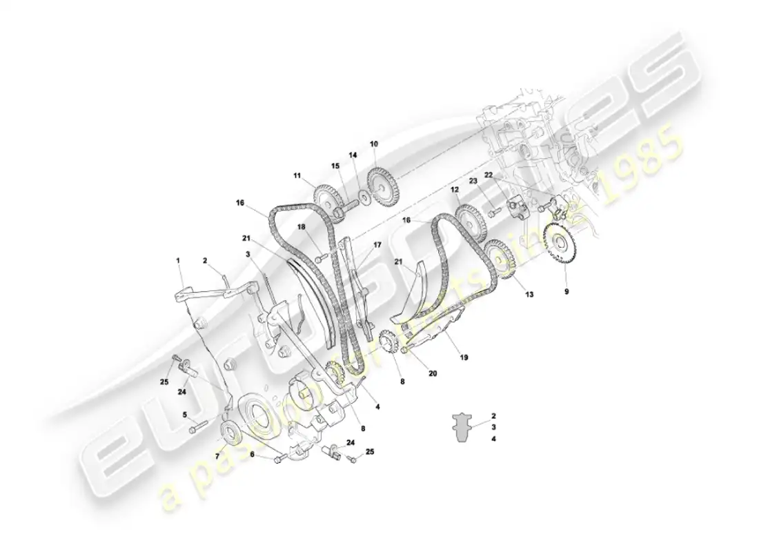 aston martin vanquish (2004) cubierta frontal, cadenas y piñones diagrama de piezas