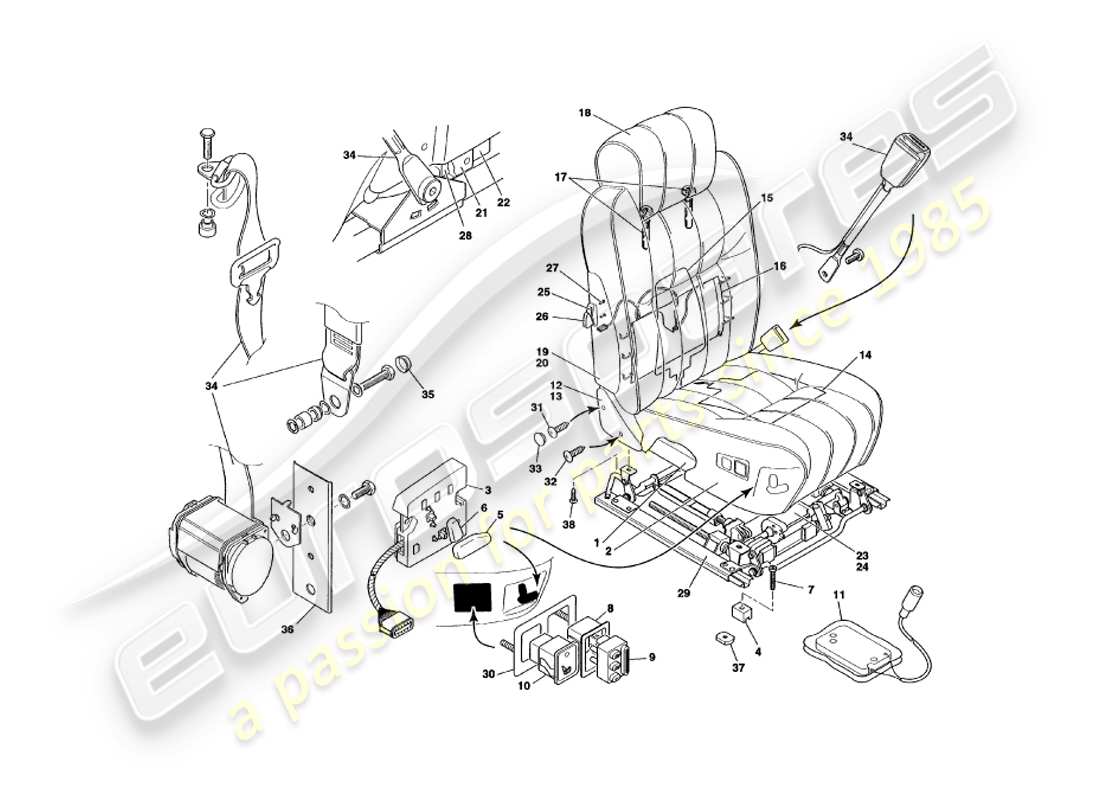 aston martin v8 volante (1997) diagrama de piezas de asientos delanteros y cinturones