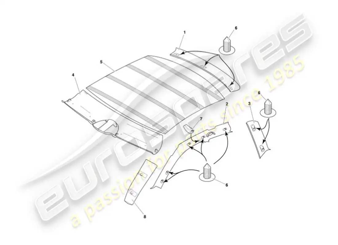 aston martin vanquish (2007) diagrama de piezas de moldura superior y revestimiento del techo