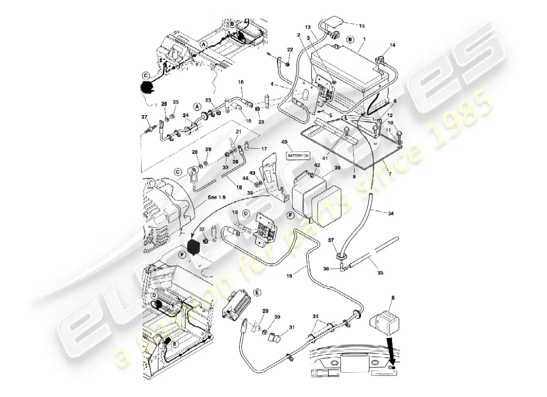 aston martin vanquish (2007) batería y cables diagrama de piezas