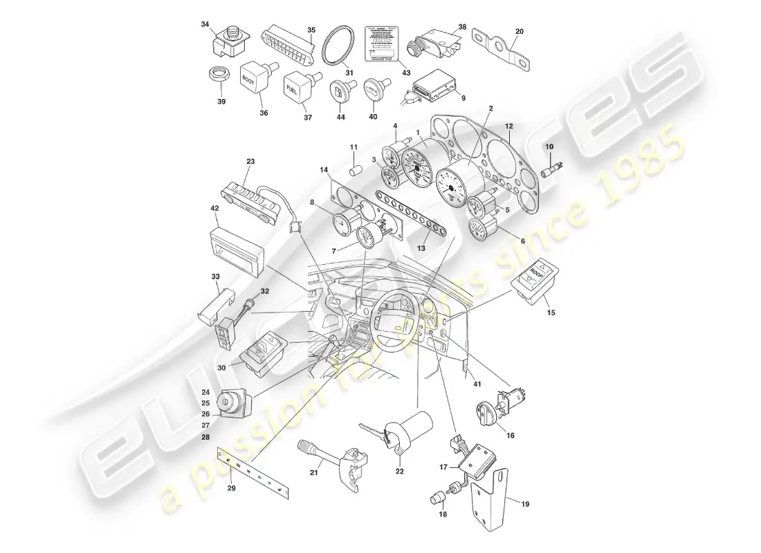 aston martin v8 virage (2000) instrumentos y controles diagrama de piezas