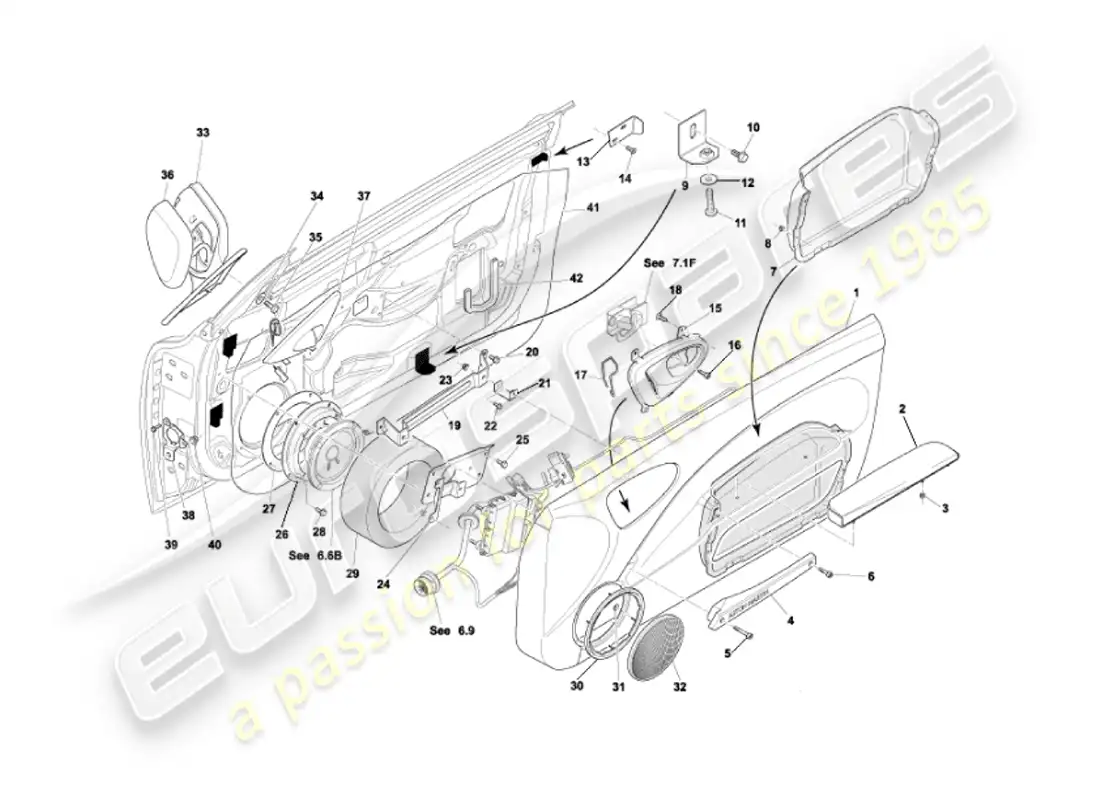 aston martin vanquish (2007) diagrama de piezas de marcos y accesorios de puertas