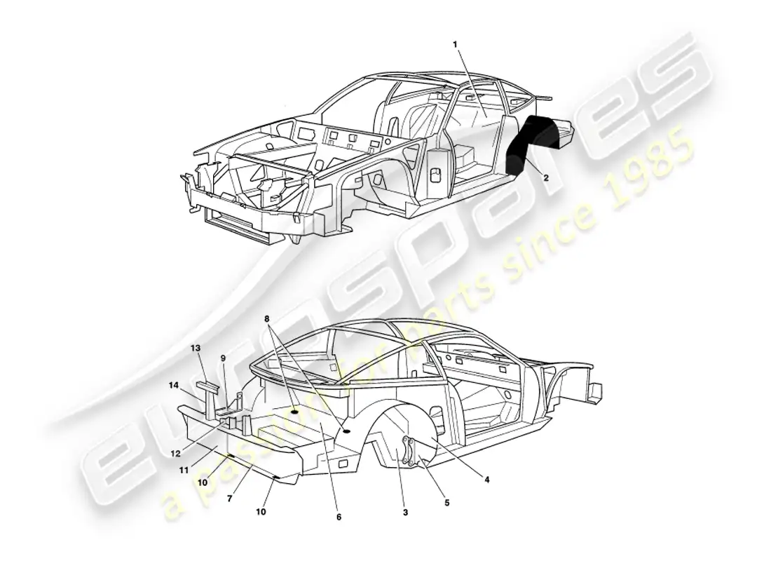 aston martin v8 coupe (1999) paneles de chasis diagrama de piezas