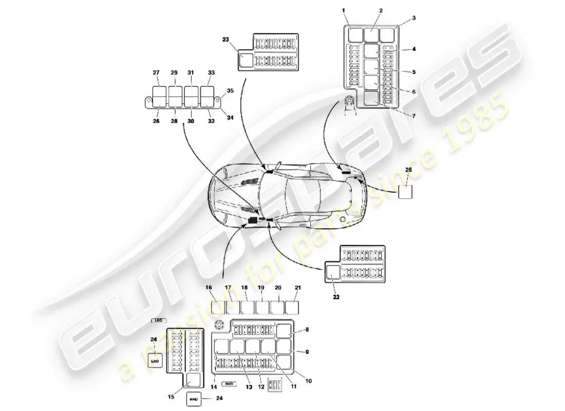 aston martin vanquish (2001) relés diagrama de piezas
