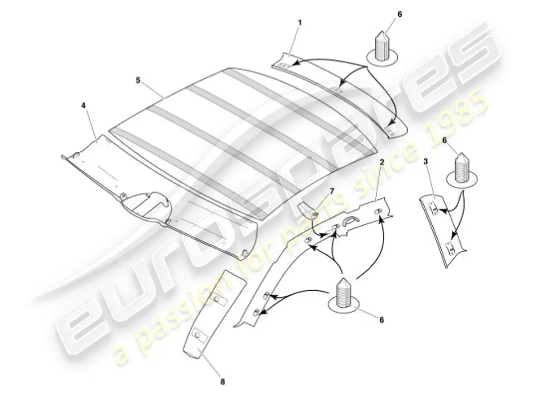 aston martin vanquish (2001) diagrama de piezas de moldura superior y revestimiento del techo