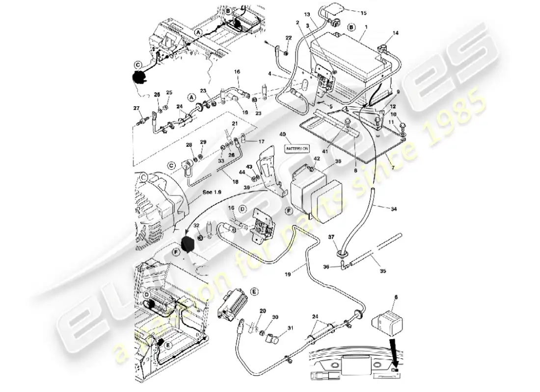 aston martin vanquish (2001) batería y cables diagrama de piezas