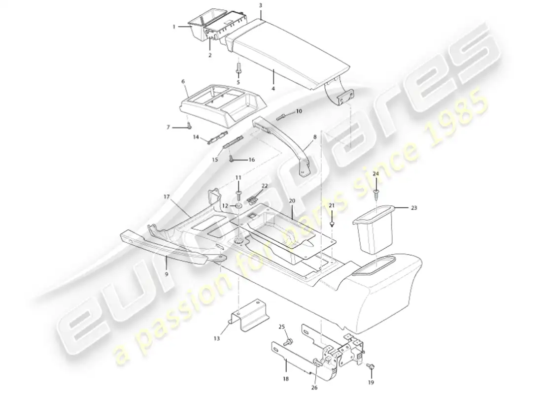 aston martin vanquish (2001) diagrama de piezas de moldura y consola central