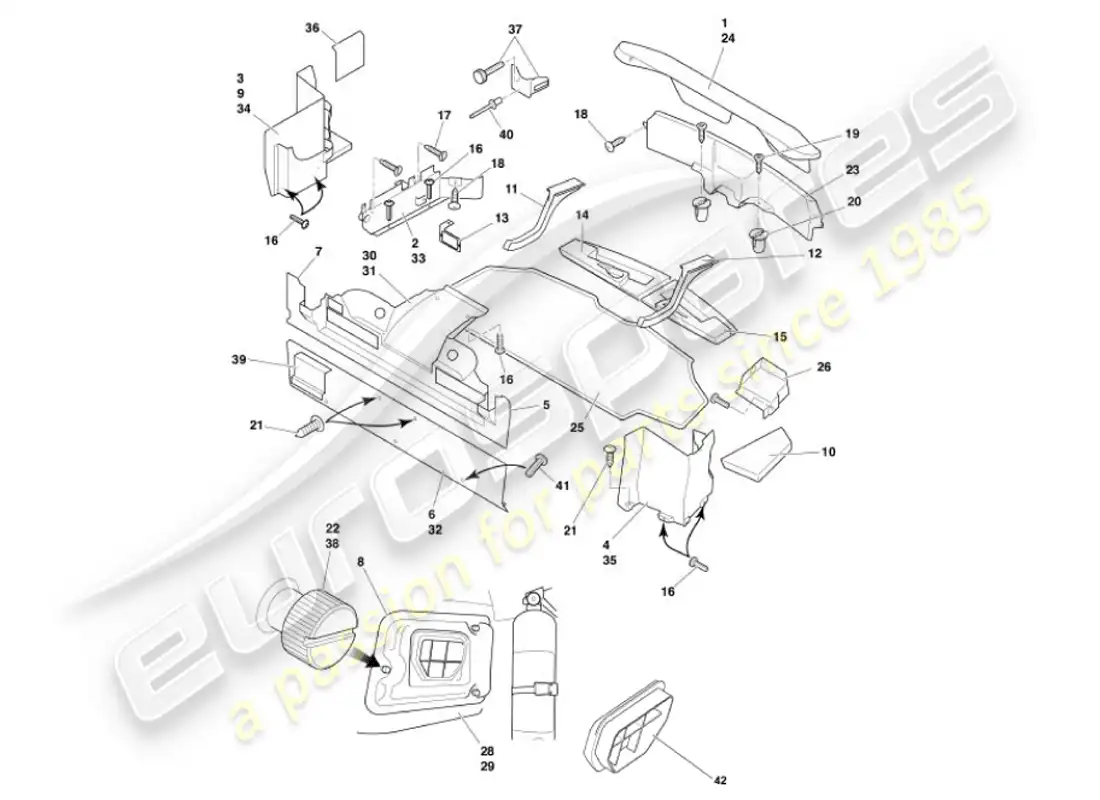 aston martin vanquish (2001) diagrama de piezas de la carcasa del maletero y las alfombrillas
