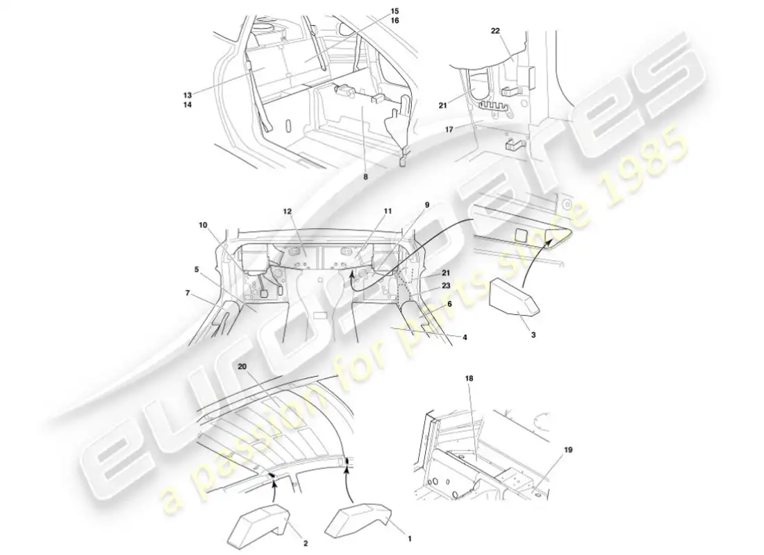 aston martin vanquish (2001) diagrama de piezas de insonorización