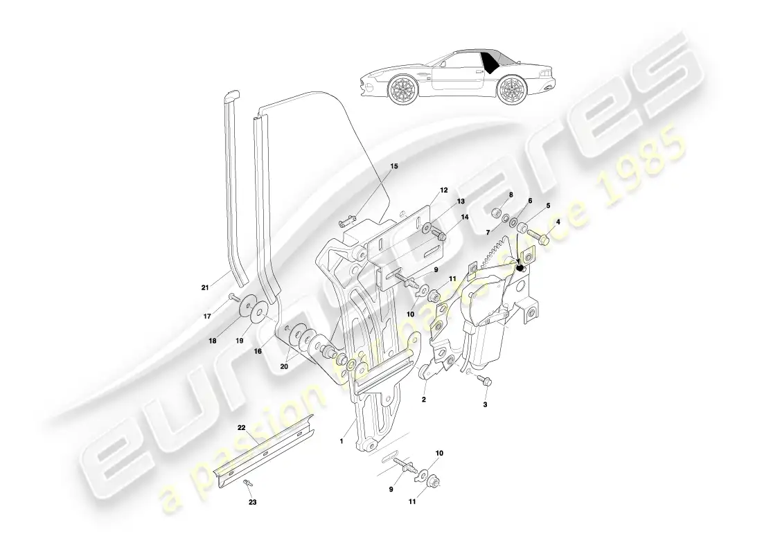 aston martin db7 vantage (2003) diagrama de piezas del mecanismo y cristal del cuarto trasero del volante