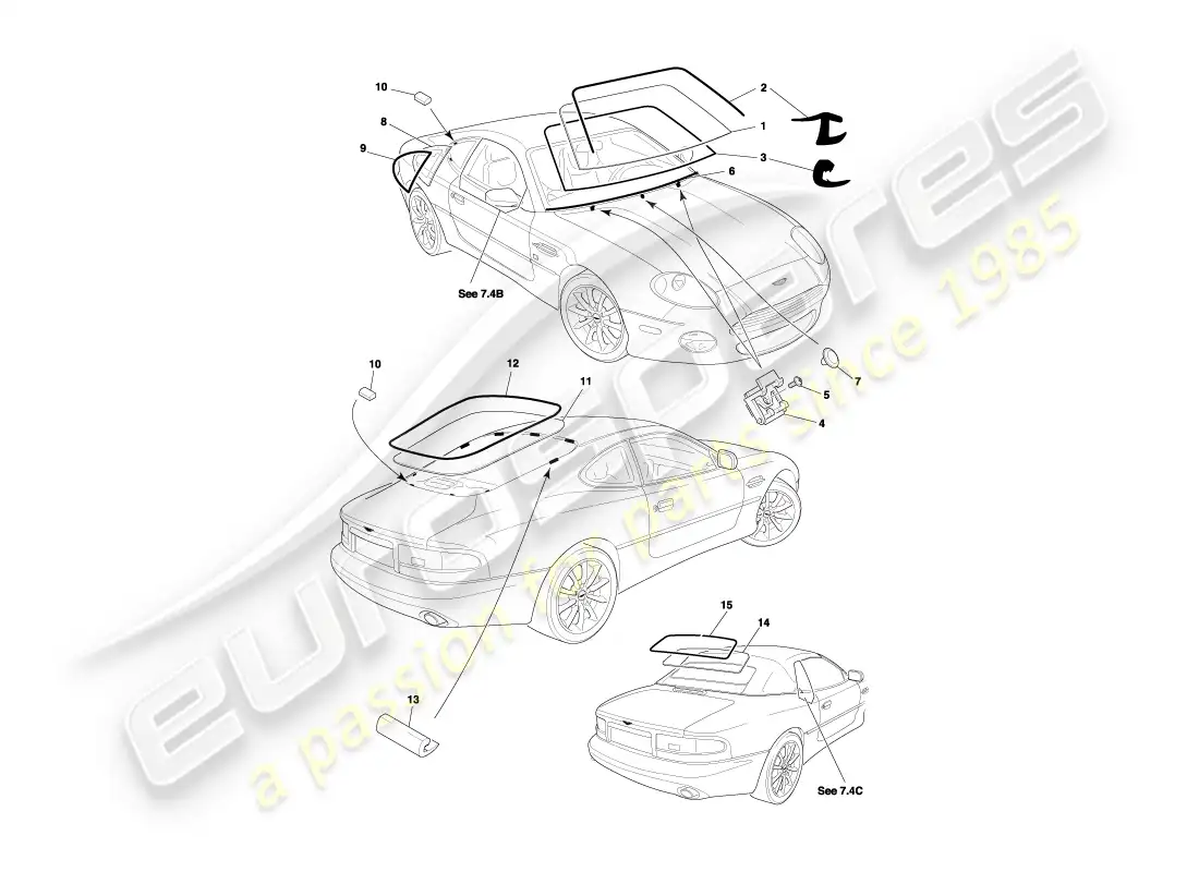 aston martin db7 vantage (2003) diagrama de piezas de vidrio