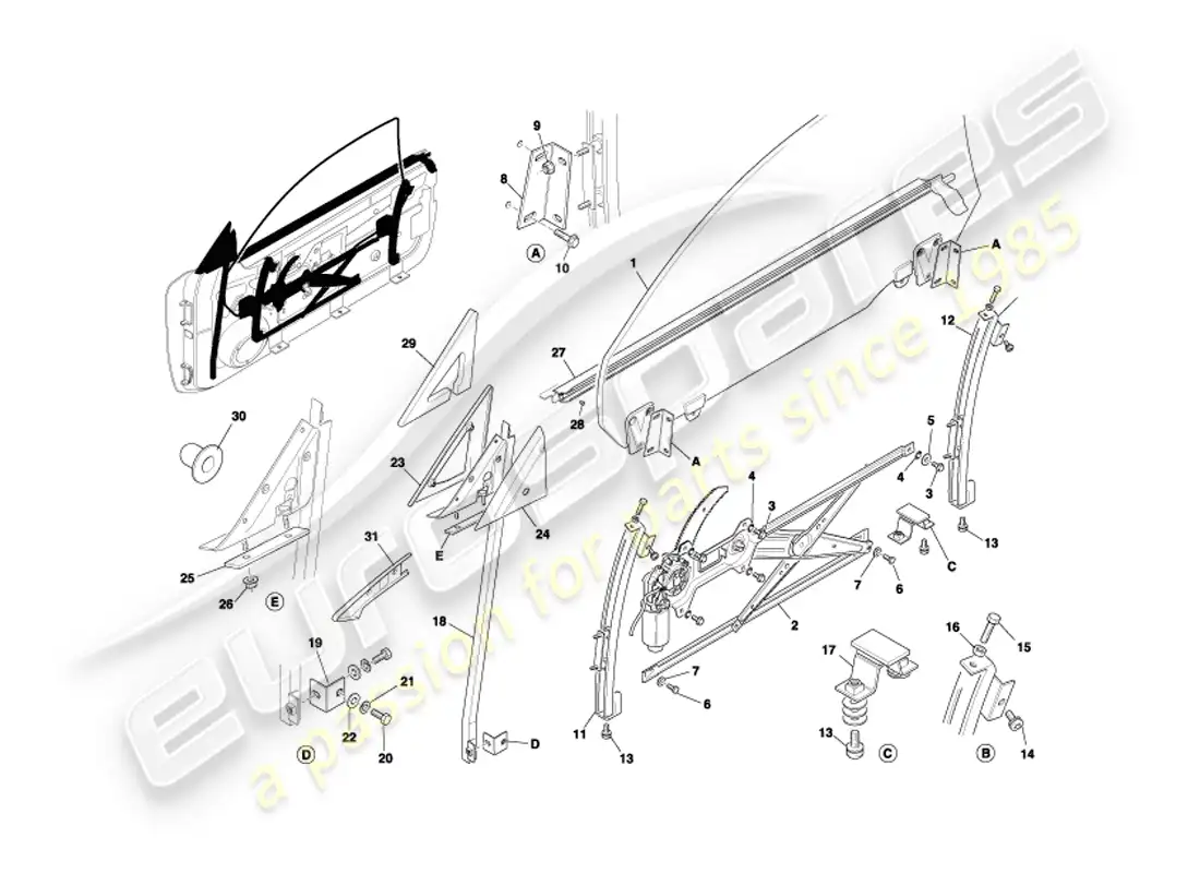 aston martin db7 vantage (2003) diagrama de piezas de marcos y vidrios de puertas