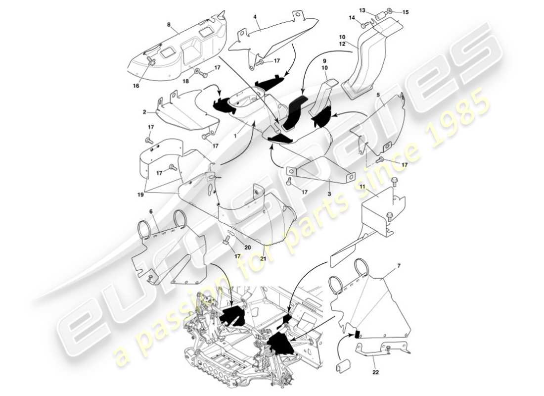 aston martin vanquish (2001) deflectores y escudos térmicos diagrama de piezas