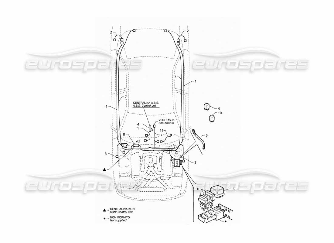 maserati qtp v6 (1996) sistema eléctrico: diagrama de piezas del abs y la suspensión 'koni' (lhd)