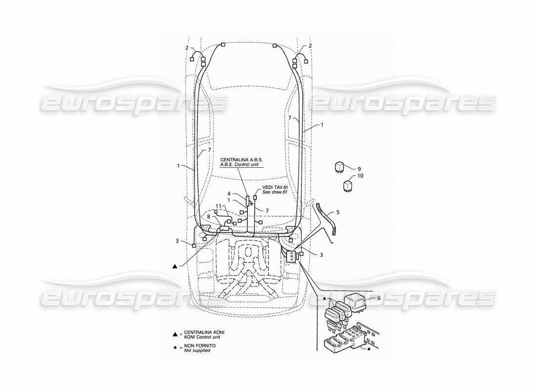 maserati qtp v6 (1996) sistema eléctrico: diagrama de piezas del abs y la suspensión 'koni' (rhd)