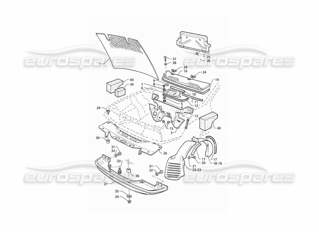 maserati qtp v8 (1998) diagrama de piezas del capó y de las cubiertas del compartimento del motor (rhd)