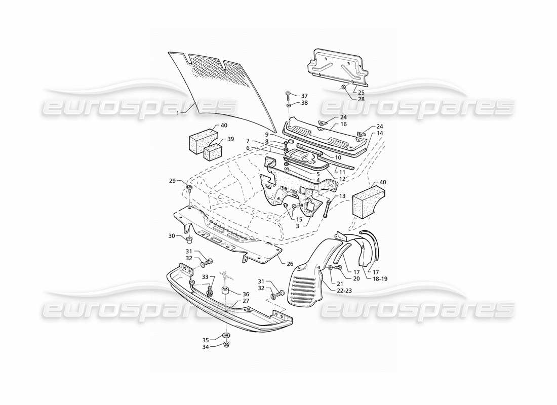 maserati qtp v8 (1998) diagrama de piezas del capó y de las cubiertas del compartimento del motor (lhd)