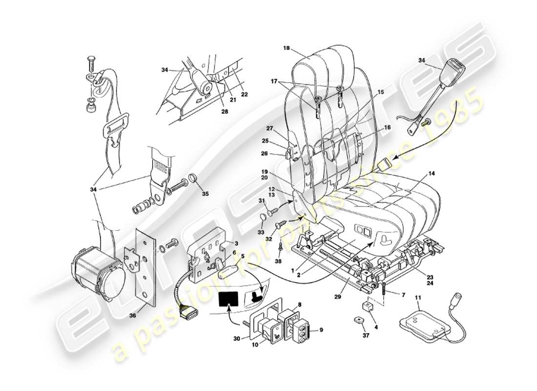 aston martin v8 volante (2000) diagrama de piezas de asientos delanteros y cinturones