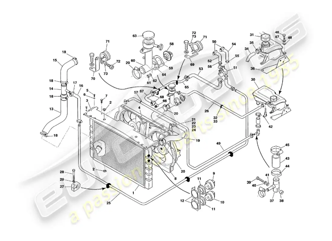 aston martin v8 volante (2000) sistema de refrigeración por agua diagrama de piezas
