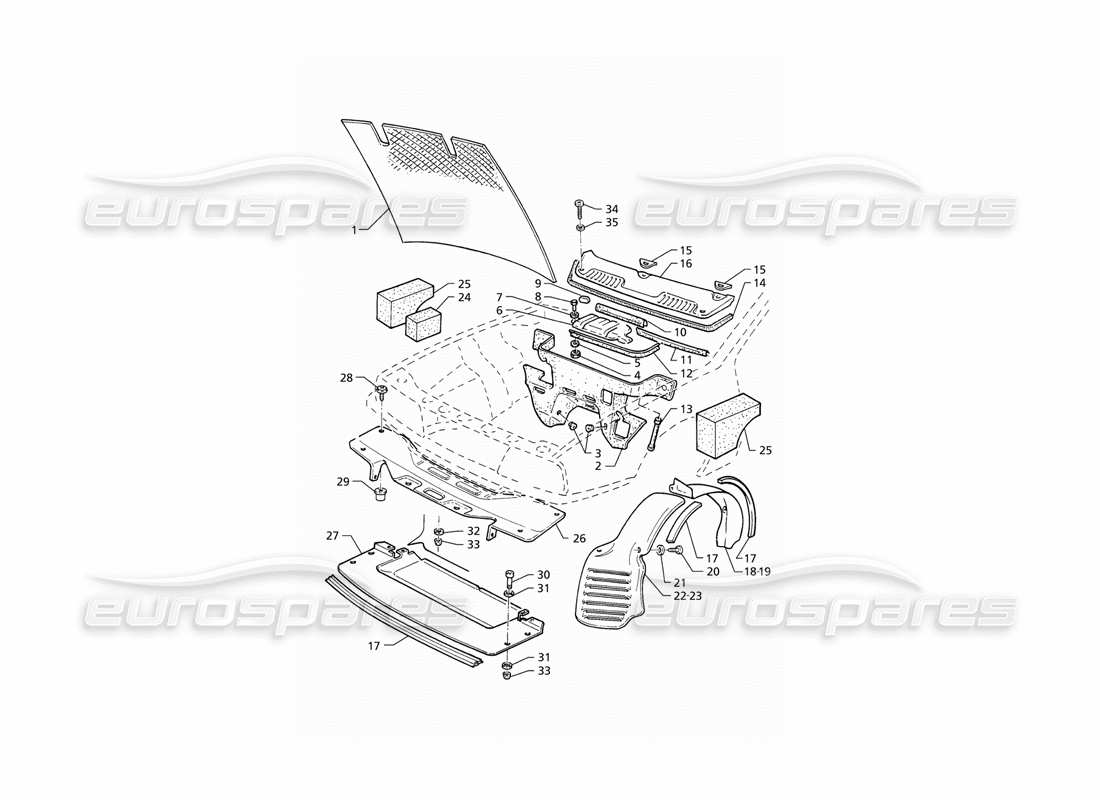 maserati qtp v6 (1996) diagrama de piezas del capó y de las cubiertas del compartimento del motor (lhd)