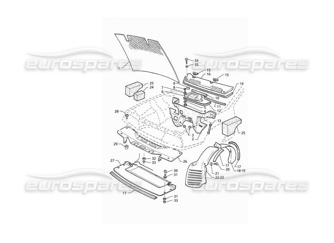 maserati qtp v6 (1996) diagrama de piezas del capó y de las cubiertas del compartimento del motor (rhd)