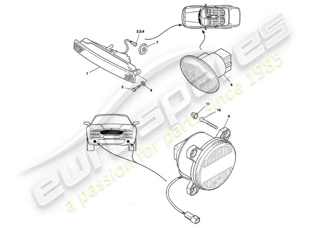 aston martin v8 volante (1999) lámparas exteriores diagrama de piezas