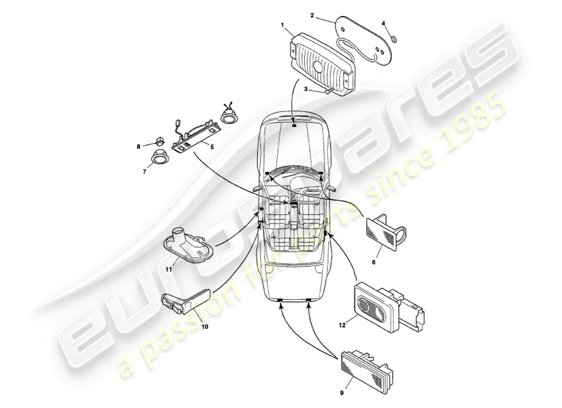 aston martin v8 volante (1999) lámparas interiores diagrama de piezas