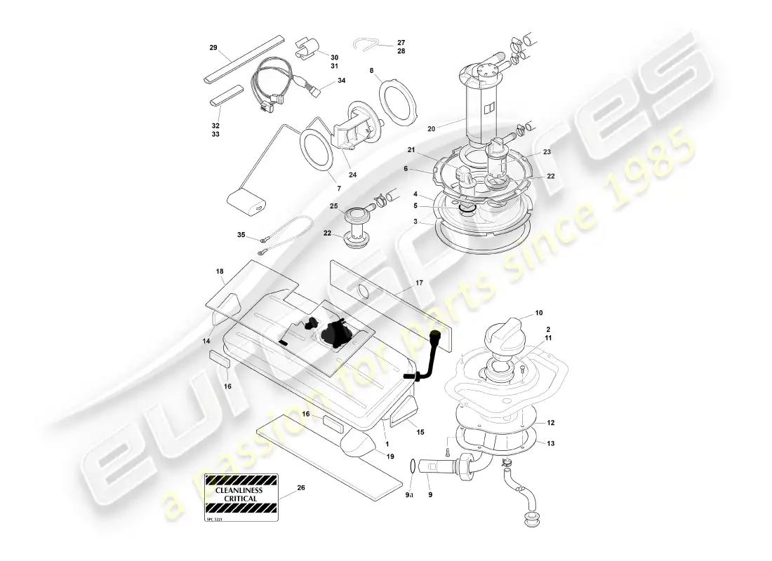 aston martin db7 vantage (2003) tanque de combustible, diagrama de piezas de volante