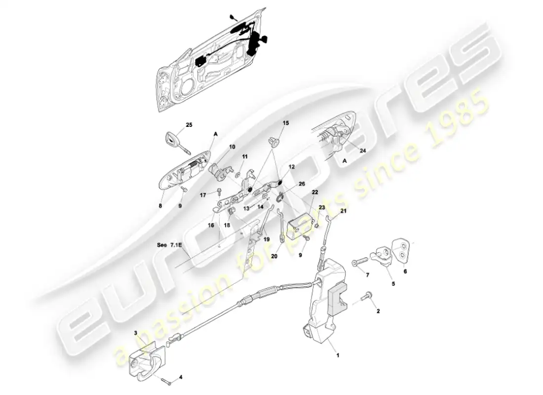 aston martin vanquish (2003) mecanismo de pestillo de puerta diagrama de piezas