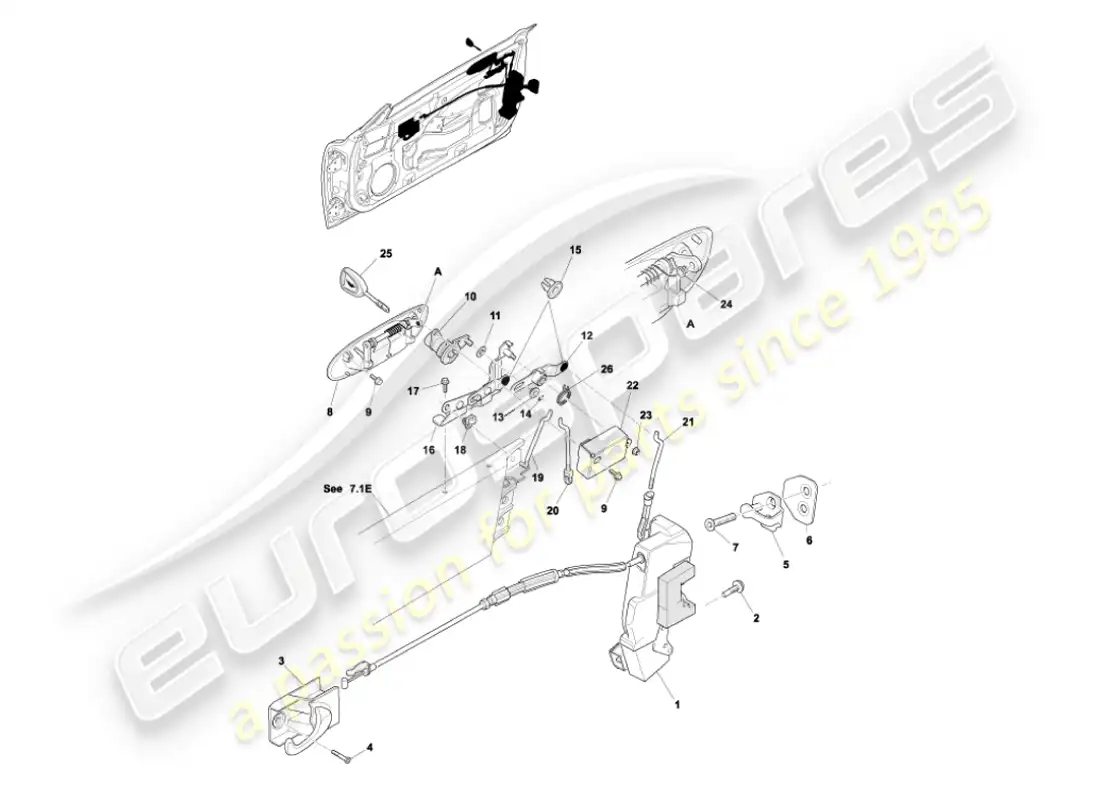 aston martin vanquish (2007) mecanismo de pestillo de puerta diagrama de piezas