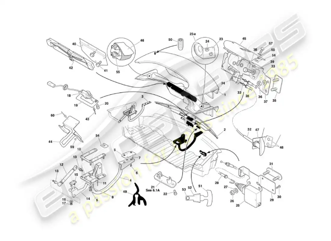aston martin vanquish (2007) diagrama de piezas de la tapa del maletero