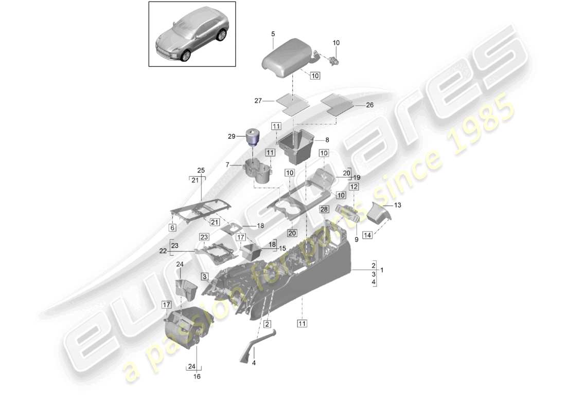 porsche 2021 (macan) diagrama de piezas de la consola central