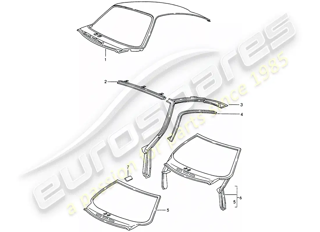 porsche 1995 (993) panel exterior del techo - marco del parabrisas diagrama de piezas