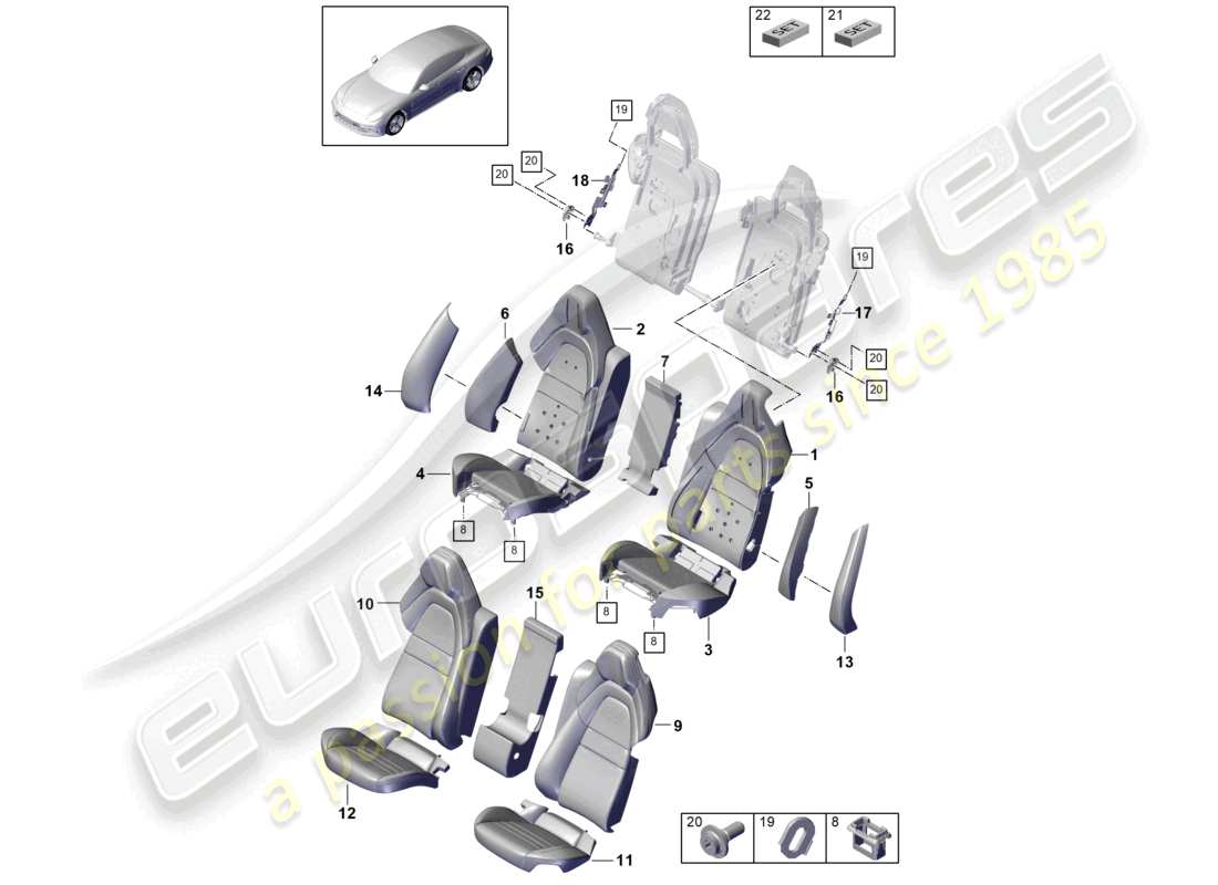 porsche 2022 (panamera 971-2) asiento trasero para vehículos con distancia entre ejes extendida versión confort fundas de asiento de espuma diagrama de piezas