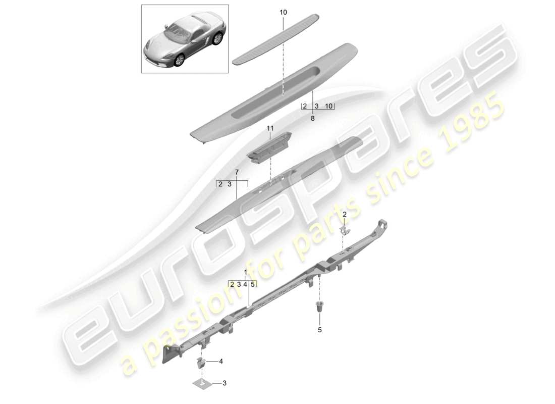 porsche 2026 (718 boxster) diagrama de piezas del umbral interior de la moldura