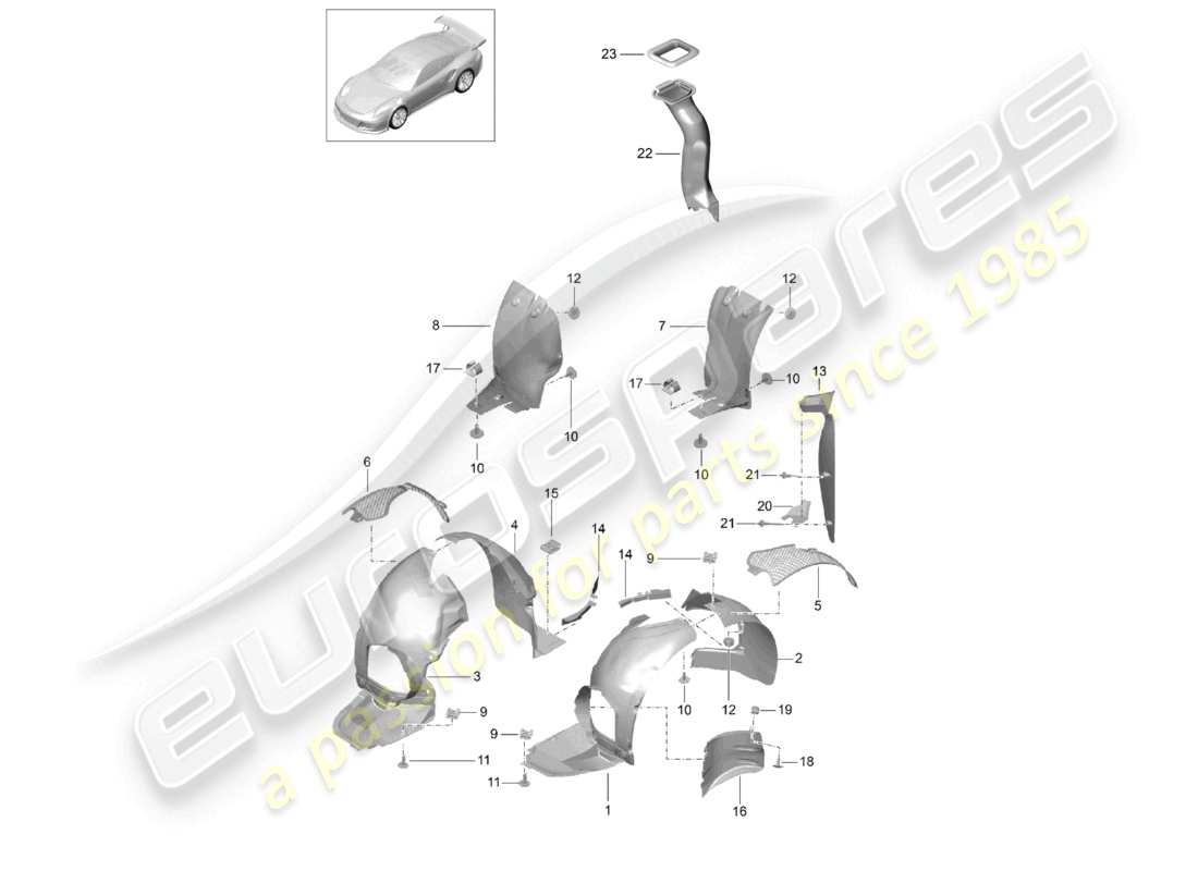 porsche 2021 (991-2 r/gt3/rs) diagrama de piezas de los revestimientos de los alojamientos de las ruedas