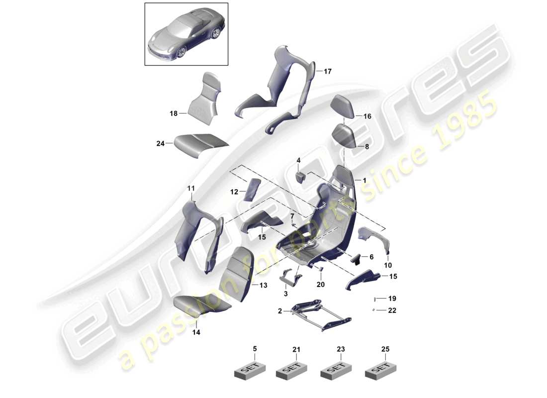 porsche 2021 (991-2 r/gt3/rs) asiento de cubo marco del asiento fundas del asiento fundas del respaldo pieza de espuma diagrama de piezas