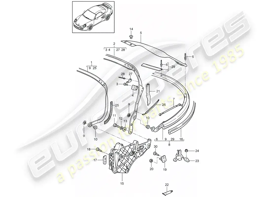 porsche 2008 (997-1 turbo / gt2) diagrama de piezas del marco superior