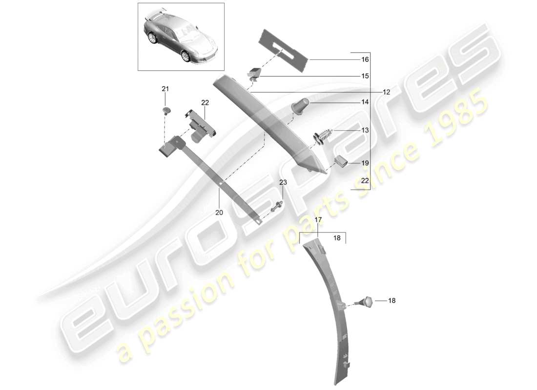 porsche 2021 (991-2 r/gt3/rs) diagrama de piezas de las molduras del pilar a