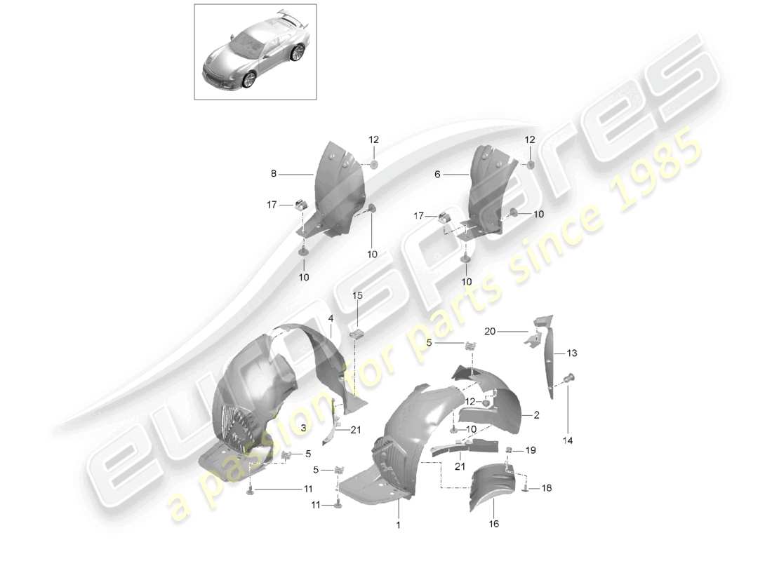 porsche 2021 (991-2 r/gt3/rs) diagrama de piezas de los revestimientos de los alojamientos de las ruedas