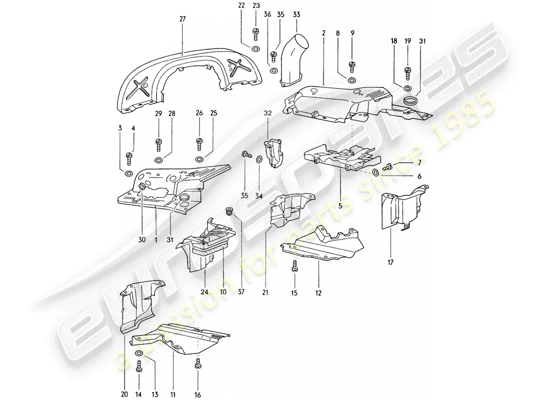 porsche 1974 (914) cubierta del motor - conducto de aire diagrama de piezas