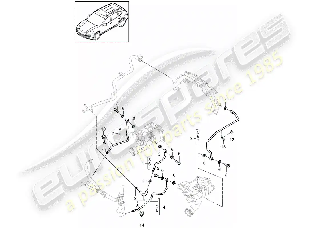 porsche 2016 (cayenne e2 92a) turbocompresor de gases de escape diagrama de piezas