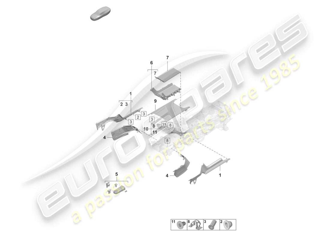 porsche 2025 (taycan 9j1-2) embellecedores bandeja delantera consola central diagrama de piezas