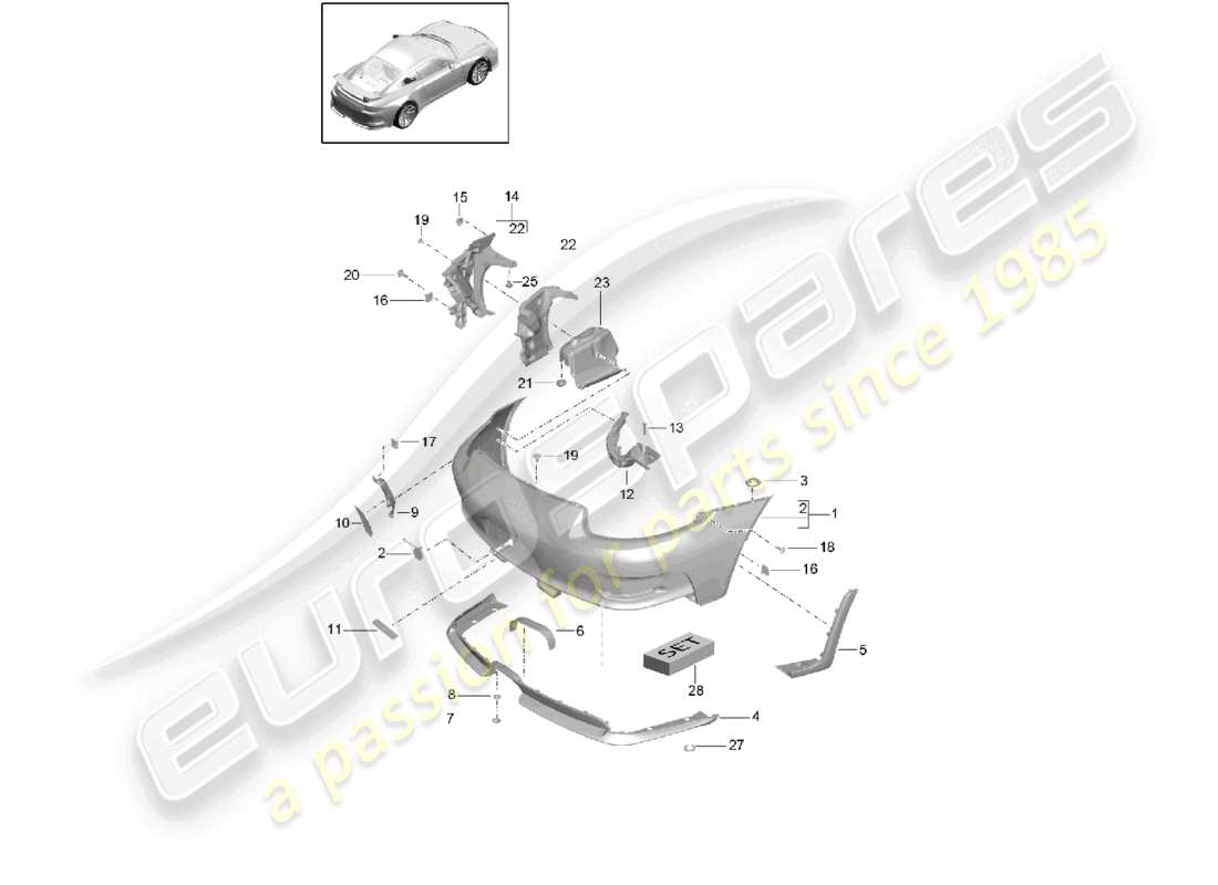 porsche 2021 (991-2 r/gt3/rs) diagrama de pieza del parachoques trasero