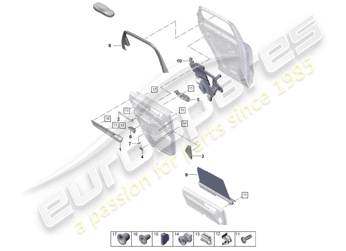 porsche 2024 (cayenne e3 pa) diagrama de piezas de molduras y accesorios del panel de la puerta trasera