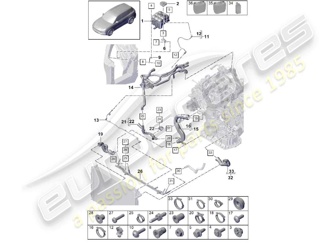 porsche 2021 (cayenne e3 9ya/9yb) sistema de enfriamiento de refrigerante tanque de expansión de refrigerante diagrama de piezas de la tubería de refrigerante