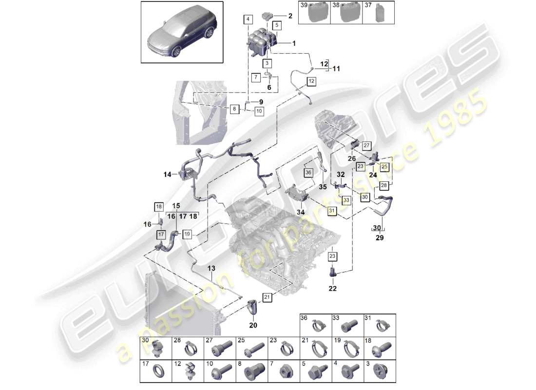 porsche 2021 (cayenne e3 9ya/9yb) sistema de enfriamiento de refrigerante tanque de expansión de refrigerante diagrama de piezas de la tubería de refrigerante