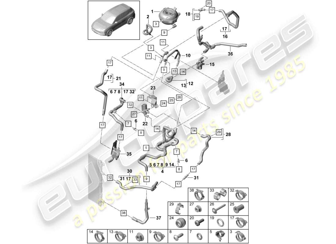 porsche 2021 (cayenne e3 9ya/9yb) sistema de enfriamiento de refrigerante tanque de expansión de refrigerante diagrama de piezas de la tubería de refrigerante