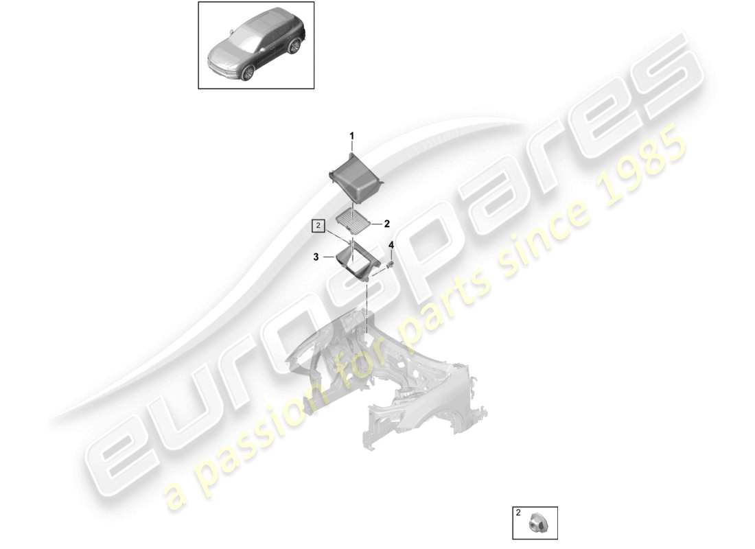 porsche 2021 (cayenne e3 9ya/9yb) diagrama de piezas de la carcasa de distribución de aire de entrada de aire fresco