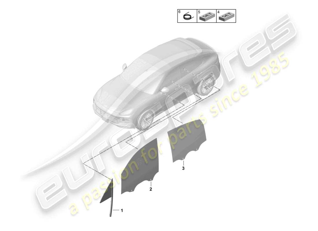 porsche 2021 (cayenne e3 9ya/9yb) diagrama de piezas de puertas laterales de ventana coupé